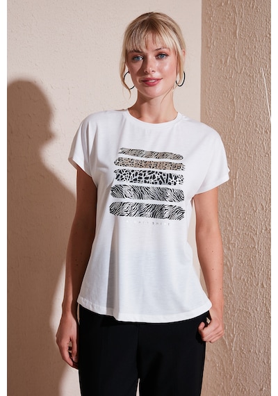 Lela Baskılı Bisiklet Yaka Regular Fit Bayan T Shirt 6671003 Ekru