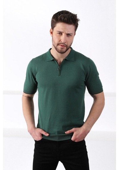Ferraro Yeşil Polo Yaka Fermuarlı Erkek Pamuk Triko T-Shirt-Yeşil (417942963) Yeşil