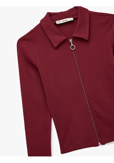Koton Fermuarlı Slim Fit Gömlek Yaka Kaşkorse Uzun Kollu Tişört Bordo 6wal10120ık Bordo