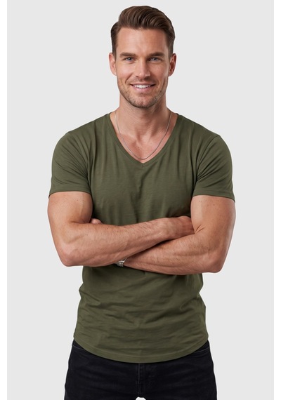Rizzup Haki Erkek Slim Fit Derin V Yaka Basic Tişört %90 Pamuk Likralı Asimetrik Kesim 2602265