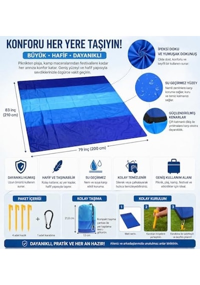 Plaj Battaniyesi, Kum Geçirmez Plaj Paspası 200,6 Cm X 210,8 Cm / 2-8 Yetişkin İçin Su Geçirmez Hızlı Kuruyan Açık Hava Piknik Matı Seyahat, Kamp, Yürüyüş İçin