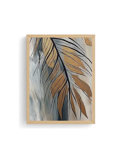 Doğal Ahşap Çerçeveli Yaprak Desenli Tablo - Pastel Tonlar Huhu1308