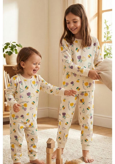 Magnifi Ove Yazılı Lale Baskılı Kız Çocuk Pijama Takımı Ekru