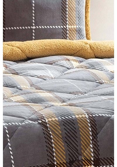 Comforter Tek Kişilik Yorgan Seti Kareli Koyu Gri-sarı 220x240 Renkli