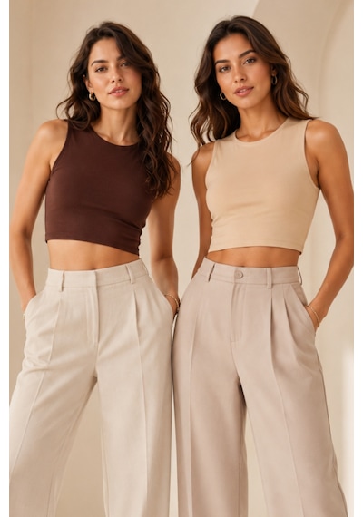 Loule Kadın 2'li Bisiklet Yaka Kolsuz Crop Top Kahverengi-bej %92 Pamuk Çok Renkli