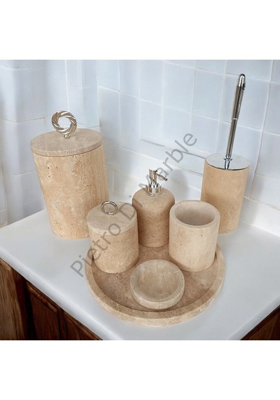 Sarı Traverten Klasik Model 7 Parça Gümüş Renk Halka Aksesuarlı Banyo Seti Sarı Traverten