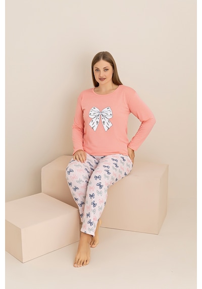 Rindahomewear Büyük Beden Fiyonk Baskılı Mercan Süprem Pijama Takımı Pembe