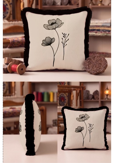 Çiçek Desenli Zarif Botanik Saçaklı Yastık Kılıfı - Minimal Floral Bej Siyah Püsküllü Kırlent Kılıfı Lacivert