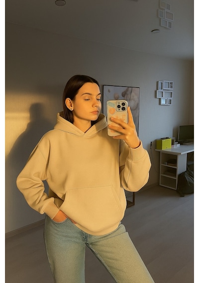 Benroma 3 İplik Penye Kadın Düz Renk Sweatshırt Bej