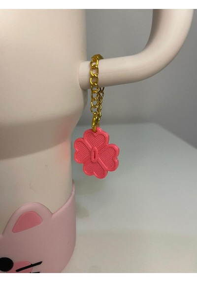 Dört Yapraklı Yonca Quencher Termos Bardak Aksesuarı Zincirli Dekoratif Süs Pembe