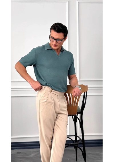 Modefendi Polo Yaka Örme Triko Tshirt Su Yeşili