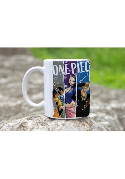 One Piece Karakterleri Kupa Bardak - Anime Ekip Tasarımı - Renkli Şerit Desenli Model Beyaz