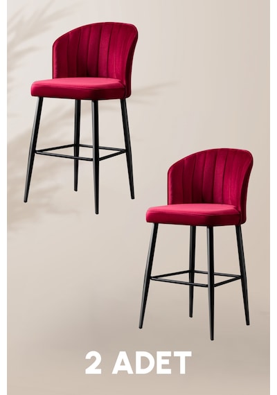 Rubi Bar Sandalye - Babyface Bordo - Siyah Metal Ayak - Bar Taburesi / Bar Sandalyesi 2 Adet Bordo