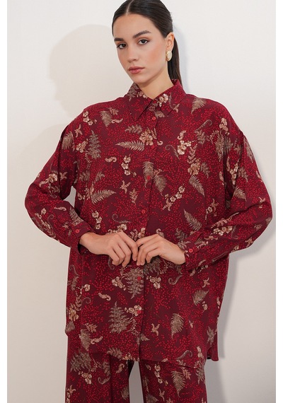 Bigdart Kadın Desenli Oversize Gömlek Pantolon İkili Takım 30098 - Bordo