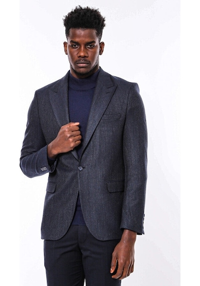 Wessi Kendinden Desenli  Lacivert Slim Fit Ceket - Wessi Lacivert