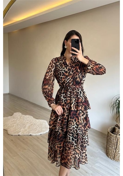 Neşeli Butik Kadın Leopar Desenli Kat Kat Volanlı Şifon Elbise Nm014 Kahverengi