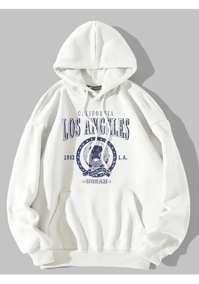 Kadın Beyaz Los Angeles Baskılı Kapüşonlu Sweatshirt Beyaz