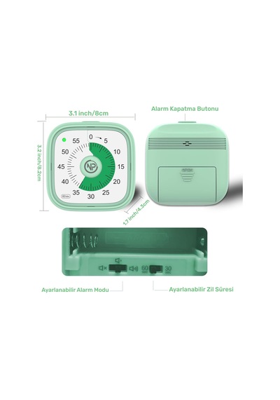 Mutfak,ders,yemek İçin 60dk Analog Alarm Zamanlayıcı,pomodoro Öğrenci Motivasyon Saati Yeşil Çok Renkli