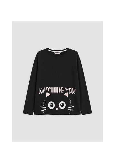 Lcw Young Siyah Bisiklet Yaka Baskılı Kadın Pijama Takım