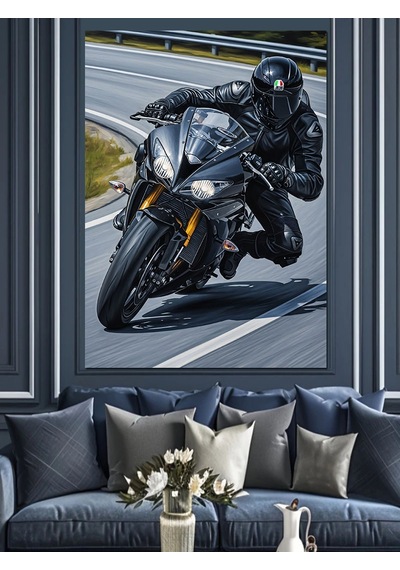 Ahşap Tablo Siyah Kasklı Modern Motorcu