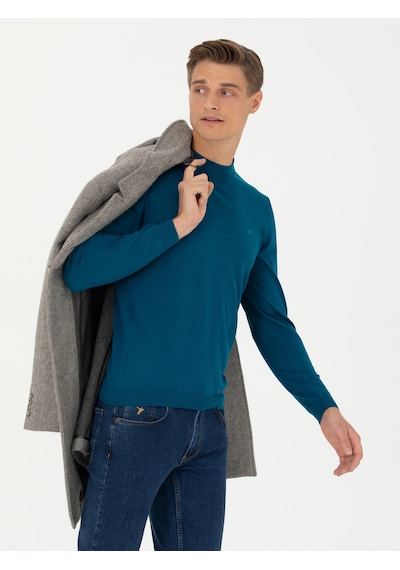 Cacharel Petrol Slim Fit Çeyrek Balıkçı Yaka Triko Kazak