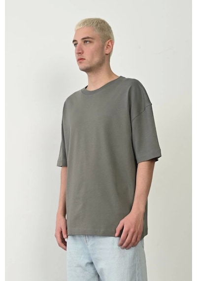 Unisex Basic Bisiklet Yaka Oversize T-shirt - Füme