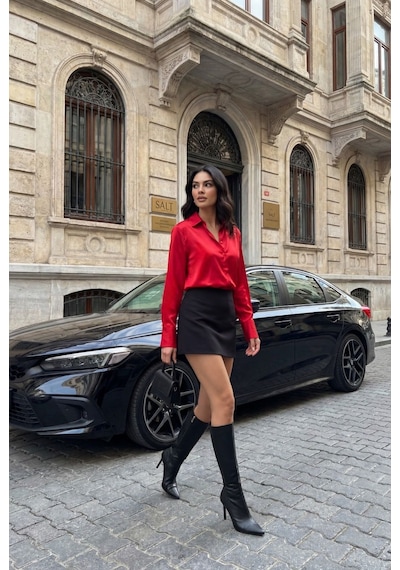 Madmext Kırmızı Gizli Düğmeli Şık Kadın Saten Gömlek Mg2675 Kırmızı