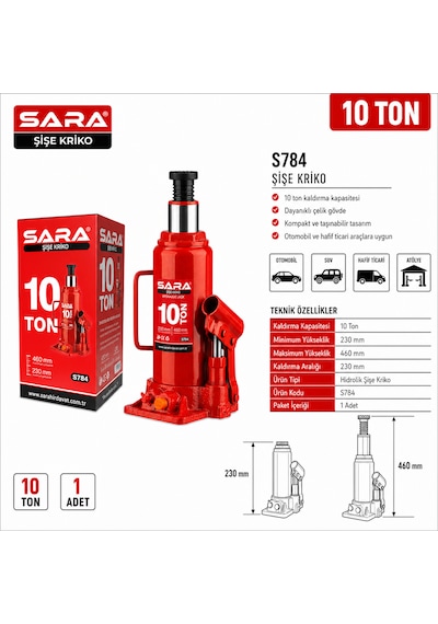 Sara S784 10 Ton Hidrolik Şişe Kriko Taşıma Kollu 230-460 Mm