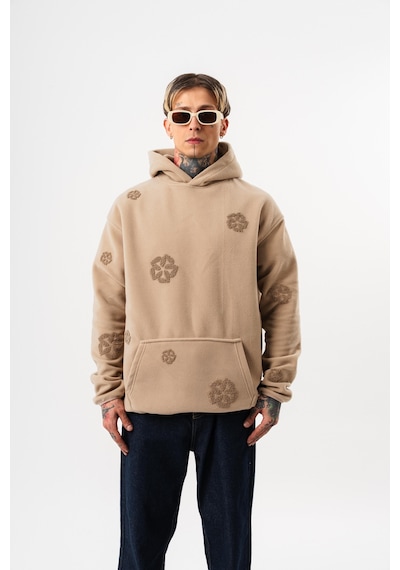 Respire Erkek Süzene Nakış Detaylı Kapüşonlu Oversize Polar Hoodie Bej