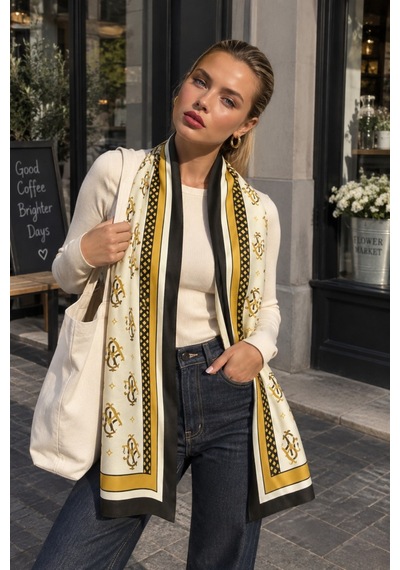 Tarzını Seç Ekru Gold Klasik Monogram Desenli Yumoş Polar Kışlık Şal Atkı 70 X 180 Cm