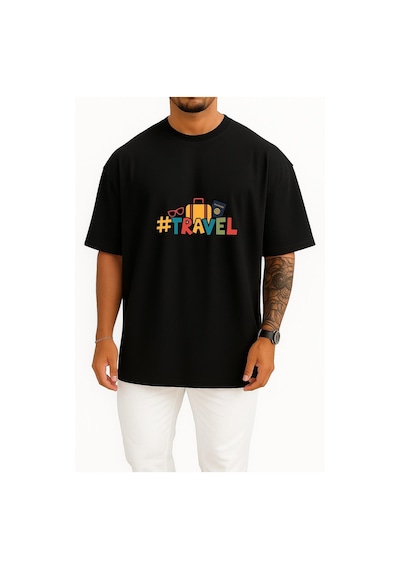 Bahriyeli Collection Oversize Travel - Bavul Ve Pasaport Göğüs Baskılı Unisex T-shirt Siyah
