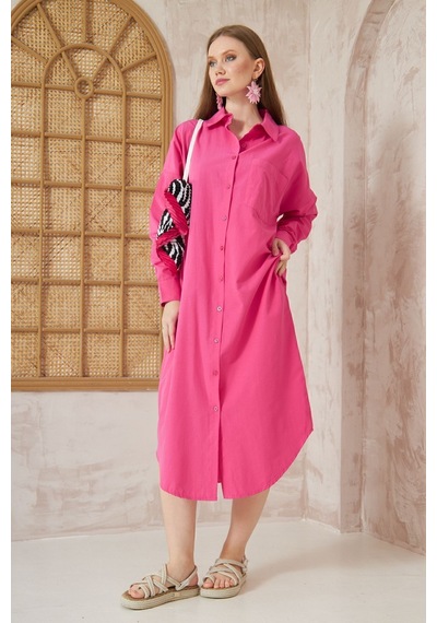 Yıldızistan Kadın Uzun Kol Poplin Cepli Oversize Günlük Spor Tunik Gömlek Elbise Fuşya Pembe 3555352