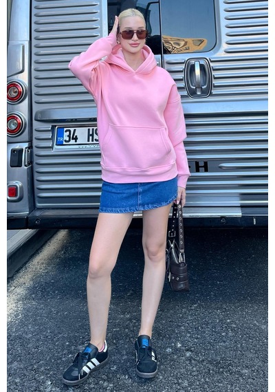 Pembe Kapüşonlu Şardonlu Oversize Cepli Sweatshirt Mg2206