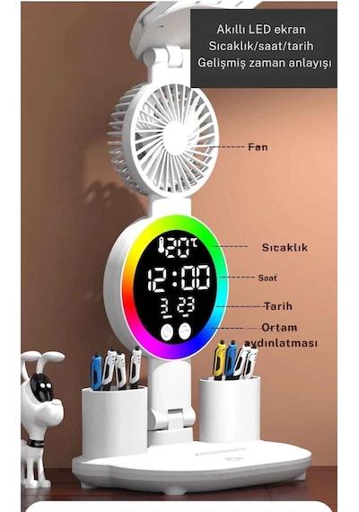 Monozone Rgb Şarjlı Led Masa Lambası Fanlı 4başlı Lamba Rgb Saat Ekranlı Kısılabilir Çalışma Lambası Beyaz