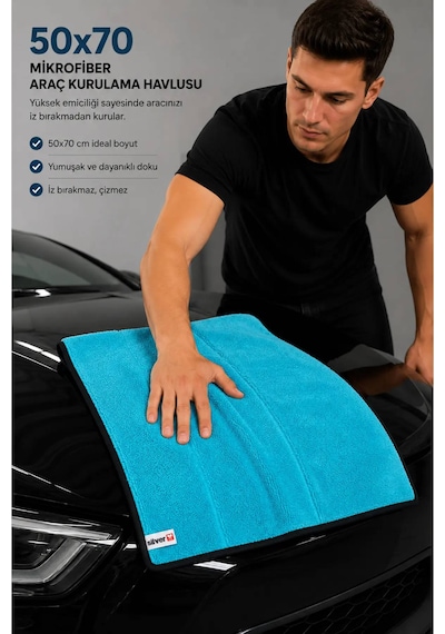 Mikrofiber Araç Kurulama Havlusu 50x70 Cm 600 Gsm Ultra Emici Oto Kurulama Bezi Çizmeyen Siyah Overlok Kenarlı