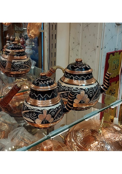 Bakır Çaydanlık El Işlemesi Çiçek Desenli Siyah Renk İşlemeli