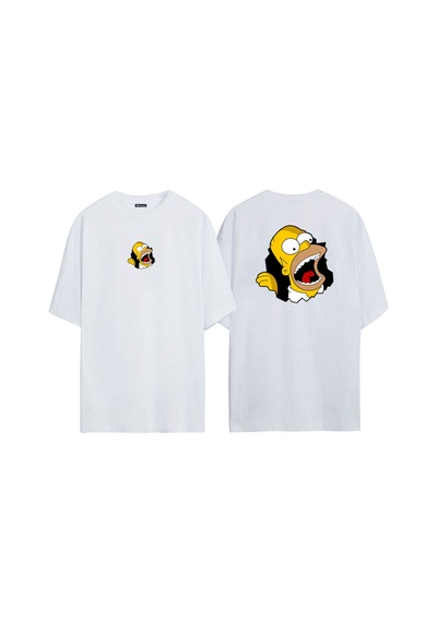 Thewert Unisex Homer Simpson Ön Arka Baskılı Beyaz Oversize T-shirt