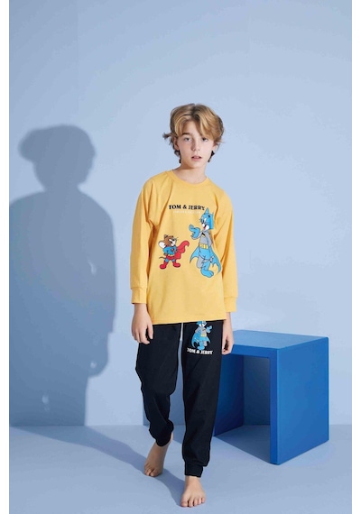 Tarık Erkek Çocuk Sevimli Kedi Desenli Uzun Kollu Pijama Takımı-962 Sarı