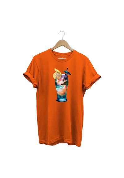 Summer Yaz Havasa Ve Kokteyl Baskılı %100 Pamuk Unisex Regular Fit T-shirt Turuncu