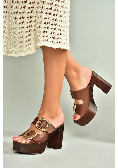 Fox Shoes U820376609 Kahverengi Kalın Topuklu Kadın Terlik Kahverengi-suni Deri