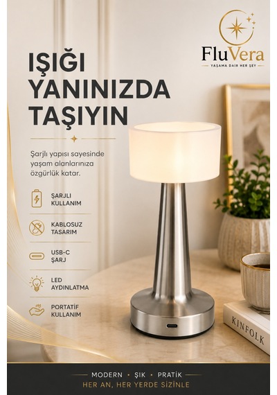 Şarjlı Gümüş Led Masa Lambası Kablosuz Dokunmatik Gece Lambası Usb-c Portatif Metal Gövdeli Gümüş