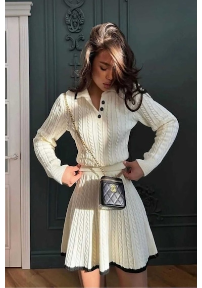 Sayzen Your Shine Polo Yaka Saç Örgülü Kazak-etek Triko Takım Sy-25100 Ekru