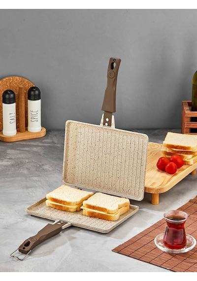 Döküm Granit Ocak Üstü El Tost Makinası Krem Gümüş- Siyah