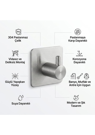 Tr Kare Yapışkanlı Askılık 304 18/10 Paslanmaz Çelik, Vidasız Deliksiz Metal Duvar Askısı, Banyo Mutfak Antre Genel