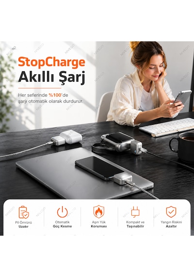Nvg Akıllı Şarj Adaptörü Usb-c Otomatik Güç Kesme Şarj Koruyucu %100 Dolunca Şarjı Durduran Pil Koruma Aparatı Type-c Tüm Cihazlarla Uyumlu Telefon Araç