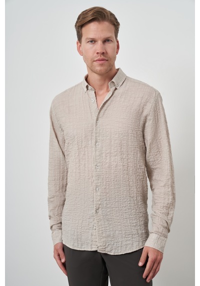 Morven Erkek Bej Pamuk Trend Slim Fit Düğmeli Yaka Gömlek 25ys004011653 Bej