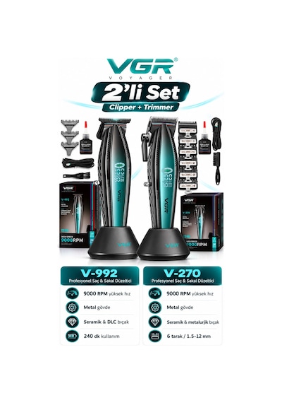Saç Sakal Tıraş Makinesi Seti Metal Clipper Trimmer - V-270 & V-992