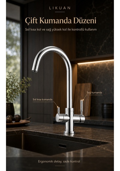 Nkdp3212cp Premium Krom 3 Akışlı Mutfak Musluğu Filtreli İçme Suyu Gümüş