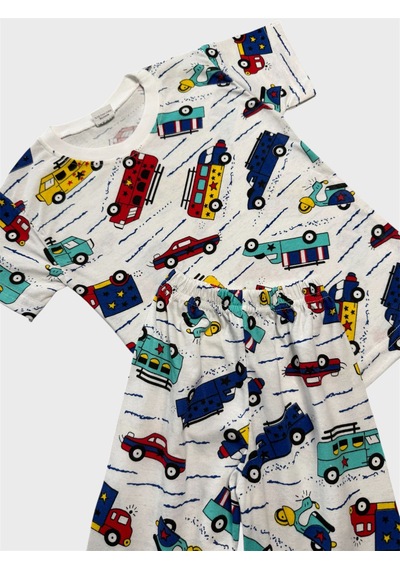 Aliş Kids Erkek Çocuk Pamuklu Beyaz Araba Desenli Kısa Kollu Şortlu Yazlık Pijama Takımı