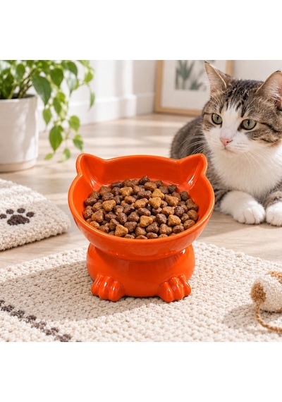 Seramik Kedi Köpek Mama Ve Su Kabı Kabartmalı Kedi Köpek Figürlü Eğimli Ve Yükseltilmiş Mama Kabı, Boyun Ve Omurgayı Destekleyen Ergonomik Tasarım, Kolay Temizlenebilir Turuncu Figürlü